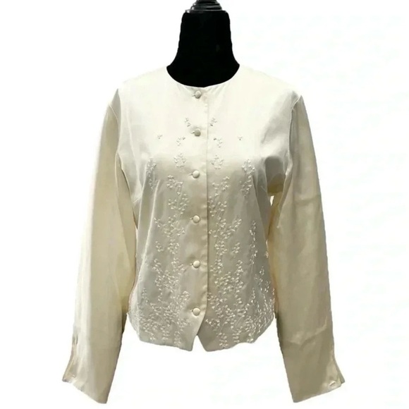 Vintage Talbots Pure Silk Jacket Embroidered Cropped Blazer Ivory Cream Ecru 4 - Picture 1 of 16